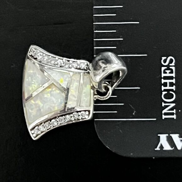 Vtg Sterling Silver AK Pendant Mosaic Lab Opal Inlay CZ Accents Artisan Design - Picture 8 of 9